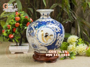 Bình hút lộc men lam vẽ vàng 24k, cảnh Phúc Đức Tài Lộc, cao 22cm