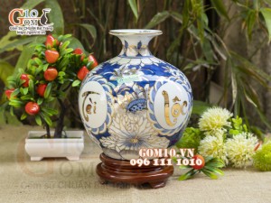 Bình hút lộc men lam vẽ vàng 24k, cảnh Phúc Đức Tài Lộc, cao 22cm