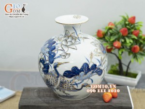 Bình hút lộc men lam vẽ vàng 24k, cảnh Sen Hạc Phú Quý cao 21cm