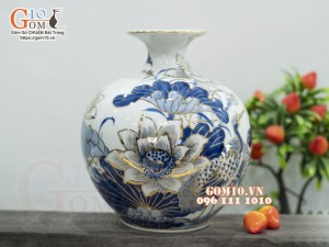 Bình hút lộc men lam vẽ vàng 24k, cảnh Sen Hạc Phú Quý cao 21cm