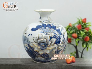 Bình hút lộc men lam vẽ vàng 24k, cảnh Sen Hạc Phú Quý cao 21cm