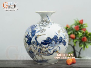 Bình hút lộc men lam vẽ vàng 24k, cảnh Sen Hạc Phú Quý cao 21cm