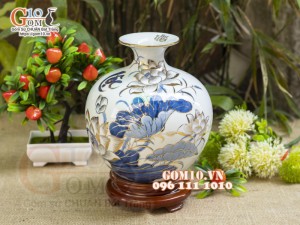 Bình hút lộc men lam vẽ vàng 24k, cảnh Sen Phú Quý cao 22cm