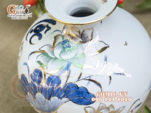 Bình hút lộc men lam vẽ vàng 24k, cảnh Sen Phú Quý cao 22cm