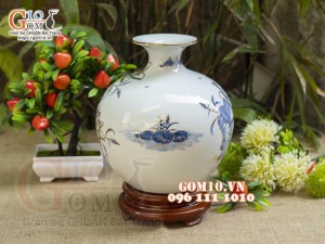 Bình hút lộc men lam vẽ vàng 24k, cảnh Sen Phú Quý cao 22cm