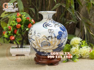 Bình hút lộc men lam vẽ vàng 24k, cảnh Sen Phú Quý cao 22cm
