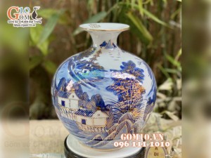 Bình hút lộc men lam vẽ vàng 24k, cảnh Sơn Thủy Hữu Tình cao 22cm