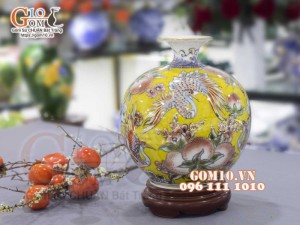 Bình hút lộc men lam vẽ vàng 24k, cảnh Thọ Đào, cao 30cm