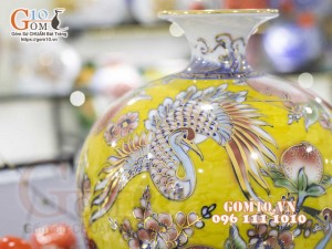 Bình hút lộc men lam vẽ vàng 24k, cảnh Thọ Đào, cao 30cm