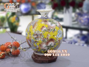 Bình hút lộc men lam vẽ vàng 24k, cảnh Thọ Đào, cao 30cm