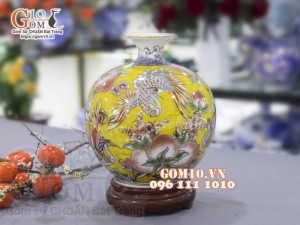 Bình hút lộc men lam vẽ vàng 24k, cảnh Thọ Đào, cao 30cm