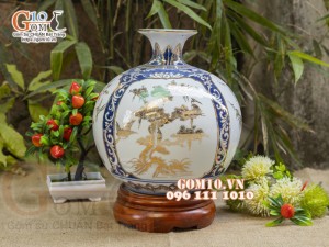 Bình hút lộc men lam vẽ vàng 24k, Tứ cảnh Phú Quý, cao 30cm