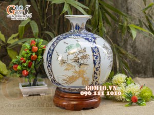 Bình hút lộc men lam vẽ vàng 24k, Tứ cảnh Phú Quý, cao 30cm