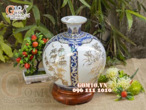 Bình hút lộc men lam vẽ vàng 24k, Tứ cảnh Phú Quý, cao 30cm