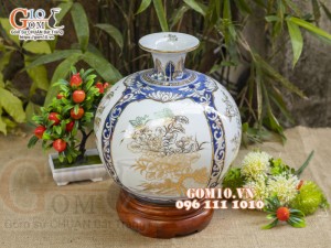 Bình hút lộc men lam vẽ vàng 24k, Tứ cảnh Phú Quý, cao 30cm