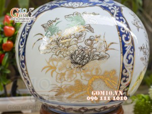 Bình hút lộc men lam vẽ vàng 24k, Tứ cảnh Phú Quý, cao 30cm