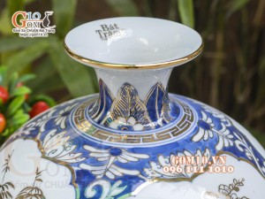Bình hút lộc men lam vẽ vàng 24k, Tứ cảnh Phú Quý, cao 30cm