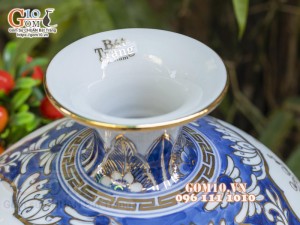 Bình hút lộc men lam vẽ vàng 24k, Tứ cảnh Phú Quý, cao 30cm