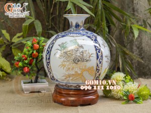 Bình hút lộc men lam vẽ vàng 24k, Tứ cảnh Phú Quý, cao 30cm