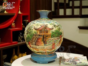 Bình hút lộc men loang xanh đắp nổi nhị cảnh Hà Nội vẽ vàng 24k, cao 35cm