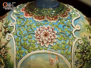 Bình hút lộc men loang xanh đắp nổi nhị cảnh Hà Nội vẽ vàng 24k, cao 35cm