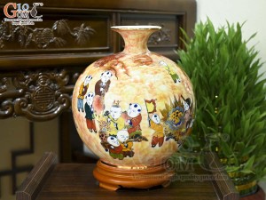 Bình hút lộc men màu cảnh Bách Nhi - Long Phụng vẽ vàng 24k, cao 30cm