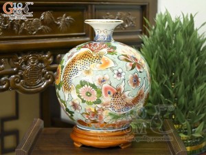 Bình hút lộc men màu cảnh cá Chép Liên Hoa vẽ vàng 24k nền xanh ngọc, cao 35cm