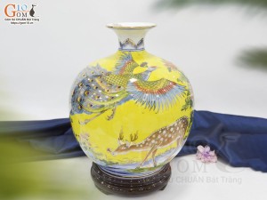 Bình hút lộc men màu cảnh Công Thành Danh Toại vẽ vàng 24k nền vàng, cao 30cm