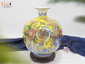 Bình hút lộc men màu cảnh Công Thành Danh Toại vẽ vàng 24k nền vàng, cao 30cm