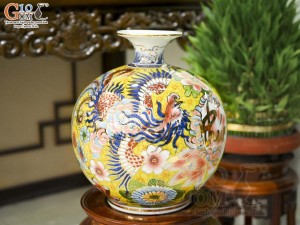 Bình hút lộc men màu cảnh Long Phụng sum vầy vẽ vàng 24k, cao 30cm