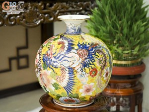 Bình hút lộc men màu cảnh Long Phụng sum vầy vẽ vàng 24k, cao 30cm