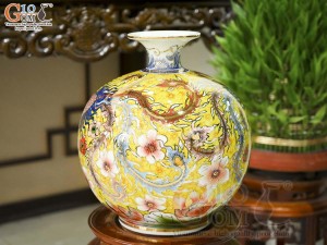 Bình hút lộc men màu cảnh Long Phụng sum vầy vẽ vàng 24k, cao 30cm