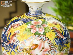 Bình hút lộc men màu cảnh Long Phụng sum vầy vẽ vàng 24k, cao 30cm