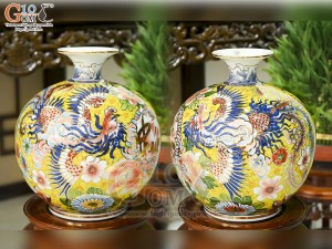 Bình hút lộc men màu cảnh Long Phụng sum vầy vẽ vàng 24k, cao 35cm