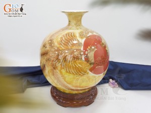 Bình hút lộc men màu cảnh Long Phụng Sum Vầy vẽ vàng 24k, cao 35cm