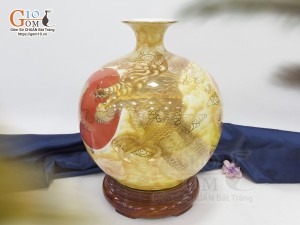 Bình hút lộc men màu cảnh Long Phụng Sum Vầy vẽ vàng 24k, cao 35cm