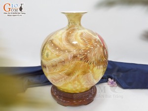 Bình hút lộc men màu cảnh Long Phụng Sum Vầy vẽ vàng 24k, cao 35cm