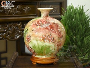 Bình hút lộc men màu cảnh Long Phụng vờn mây vẽ vàng 24k, cao 30cm