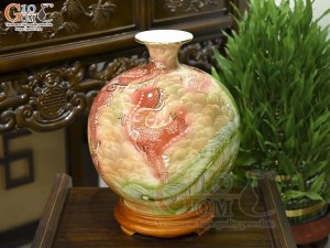 Bình hút lộc men màu cảnh Long Phụng vờn mây vẽ vàng 24k, cao 30cm