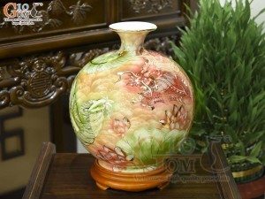 Bình hút lộc men màu cảnh Long Phụng vờn mây vẽ vàng 24k, cao 30cm