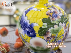 Bình hút lộc men màu, cảnh Lý Ngư Vọng Nguyệt, cao 30cm