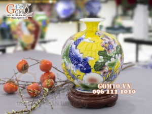 Bình hút lộc men màu, cảnh Lý Ngư Vọng Nguyệt, cao 25cm