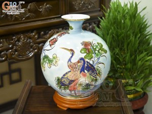 Bình hút lộc men màu cảnh Nhất Phẩm Điểu vẽ vàng 24k, cao 35cm