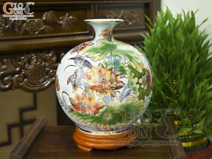 Bình hút lộc men màu cảnh Nhất Phẩm Điểu vẽ vàng 24k, cao 35cm