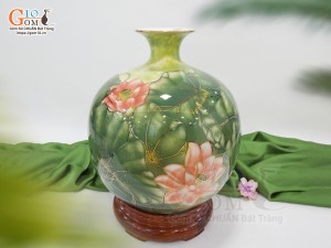 Bình hút lộc men màu cảnh Sen Phú Quý vẽ vàng 24k, cao 35cm