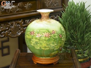 Bình hút lộc men màu cảnh Sen Tài Lộc vẽ vàng 24k, cao 35cm