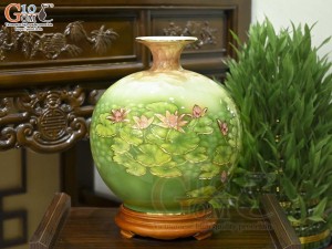 Bình hút lộc men màu cảnh Sen Tài Lộc vẽ vàng 24k, cao 35cm