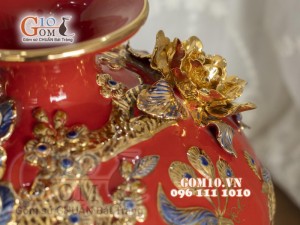 Bình hút lộc men màu đắp nổi Công Đào vẽ vàng 24k, cao 30cm