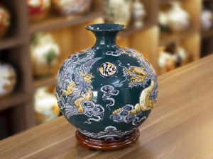 Bình hút lộc men màu đắp nổi Long Phụng, cao 36cm