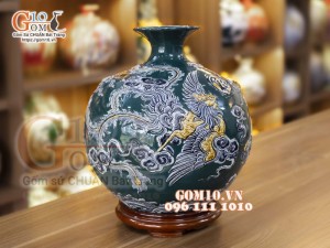 Bình hút lộc men màu đắp nổi Long Phụng, cao 36cm